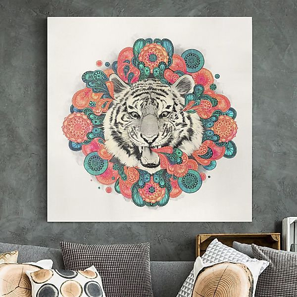 Leinwandbild Tiere - Quadrat Illustration Tiger Zeichnung Mandala Paisley günstig online kaufen