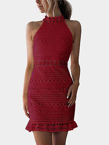 Rote Spitze ausgeschnitten Design High Neck ärmellos Kleid günstig online kaufen