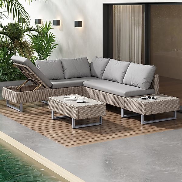 Flieks Gartenlounge-Set, 5-Sitzer L-förmiges Gartenmöbel PE-Rattan günstig online kaufen