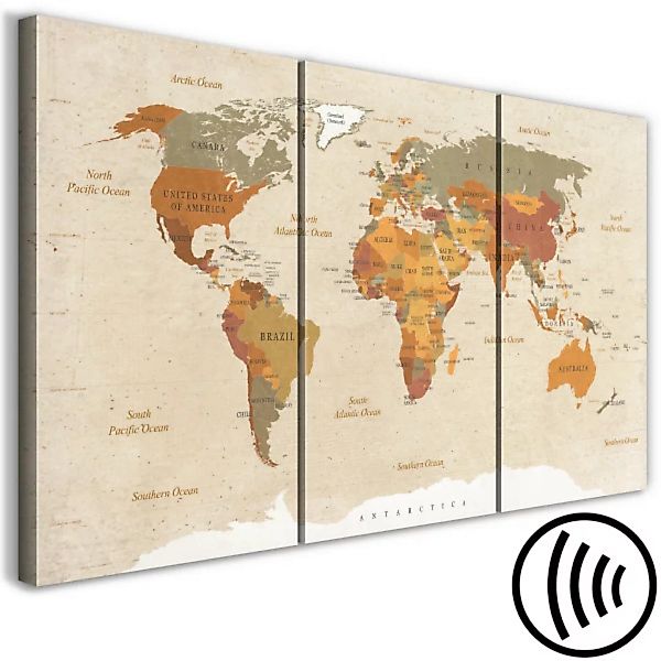 Leinwandbild World Map: Beige Chic (3 Parts) XXL günstig online kaufen