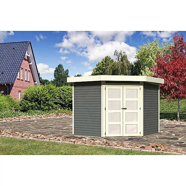 Karibu Holz-Gartenhaus Vilsbiburg Terragrau Flachdach Lackiert 238 cm x 242 günstig online kaufen
