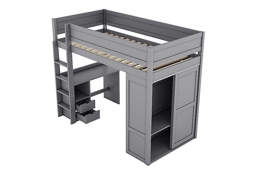 SOFTWEARY Hochbett mit Lattenrost, Schreibtisch und Kleiderschrank (90x200 günstig online kaufen