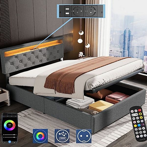 oyajia Polsterbett Doppelbett mit LED Licht 140x200cm,Hydraulisch anhebbare günstig online kaufen