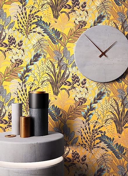 Newroom Vliestapete, Gelb Tapete Floral Dschungel günstig online kaufen