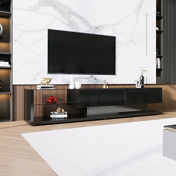 TV-Schrank, mit LED-Beleuchtung Glasregale Hochglanz Schwarz Schubladen für günstig online kaufen