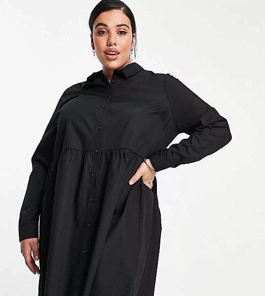 ASOS DESIGN Curve – Mini-Hemdkleid aus Baumwolle in Schwarz günstig online kaufen