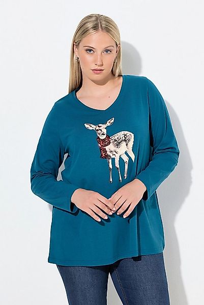 Ulla Popken Longsleeve Shirt Rehkitz Pailletten A-Linie V-Ausschnitt günstig online kaufen