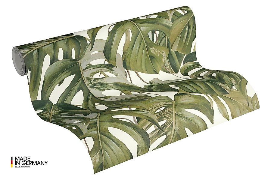 Bricoflor Palmenblätter Tapete in Olivgrün Monstera Vliestapete Weiß Grün f günstig online kaufen