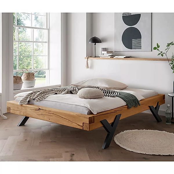 Massivholz Doppelbett, 200x200 cm, Eiche massiv, ohne Kopfteil, schwarze Be günstig online kaufen