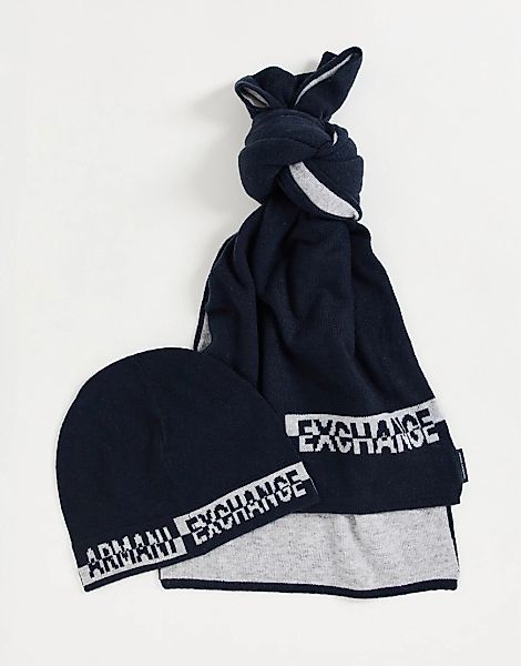 Armani Exchange – Geschenkset mit Strickmütze mit Logo und Schal in Marineb günstig online kaufen