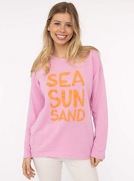 Zwillingsherz Sweater "Sea Sand Sun" Flock-Print, ausgefranster Rundhalsaus günstig online kaufen