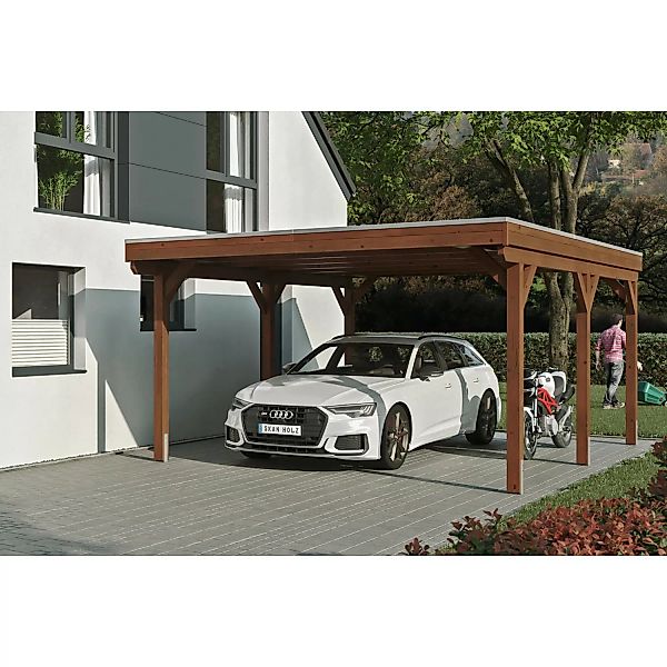 Skan Holz Carport Grunewald 427 cm x 554 cm mit EPDM-Dach Nussbaum günstig online kaufen