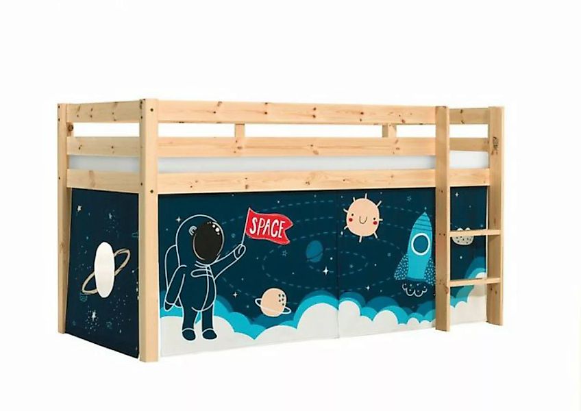 Natur24 Kinderbett Halbhohes Bett Pino mit Textilset Rakete Kiefer Natur la günstig online kaufen