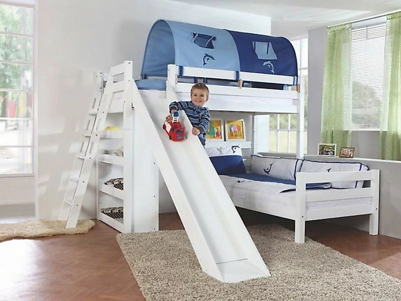Natur24 Kinderbett Etagenbett Sky Buche massiv Weiß lackiert mit Tunnel Bet günstig online kaufen