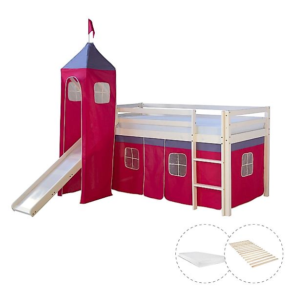 Homestyle4u Hochbett 90x200 mit Vorhang Lattenrost Matratze Rutsche Turm in günstig online kaufen
