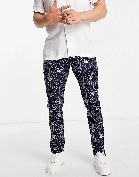 Twisted Tailor – Anzughose in Marineblau mit mit geometrischem Folienprint günstig online kaufen