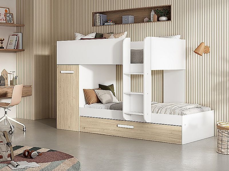 Etagenbett Ausziehbett mit Stauraum + Matratzen - 3x 90 x 190 cm - Weiß & N günstig online kaufen
