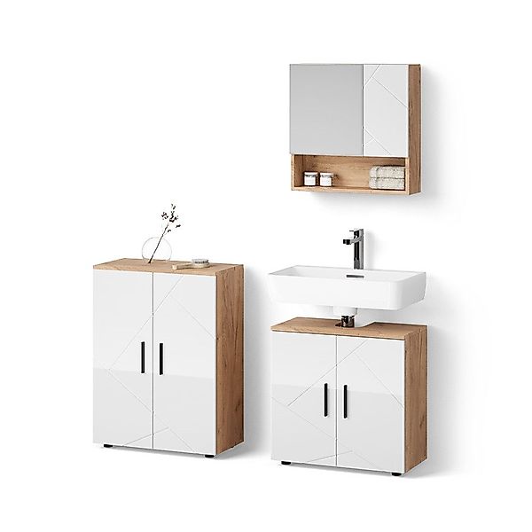 Livinity® Badmöbel-Set Ronco, Weiß Hochglanz/Goldkraft Eiche/Goldkraft günstig online kaufen