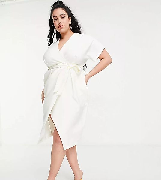 Closet London Plus – Elfenbeinfarbenes Midi-Wickelkleid im Kimono-Stil-Weiß günstig online kaufen