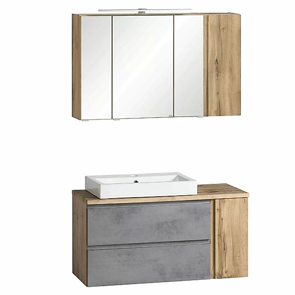 Held Möbel 2-tlg. Waschtisch-Set Ancona 105 cm Betongrau-Wotaneiche Becken günstig online kaufen