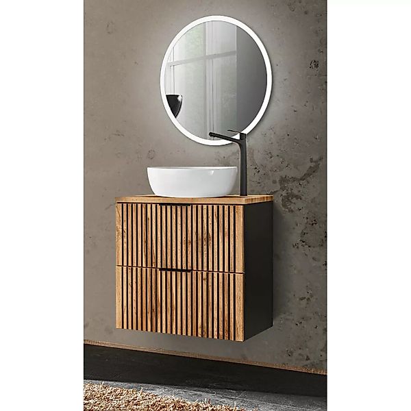Waschplatz Set mit Waschtisch Unterschrank 60 cm, LED Spiegel rund XANTEN-5 günstig online kaufen