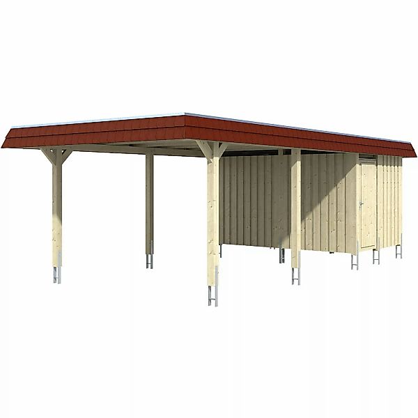 Skan Holz Carport Wendland Eiche hell + Anbau 409 x 870 cm EPDM-Dach Blende günstig online kaufen