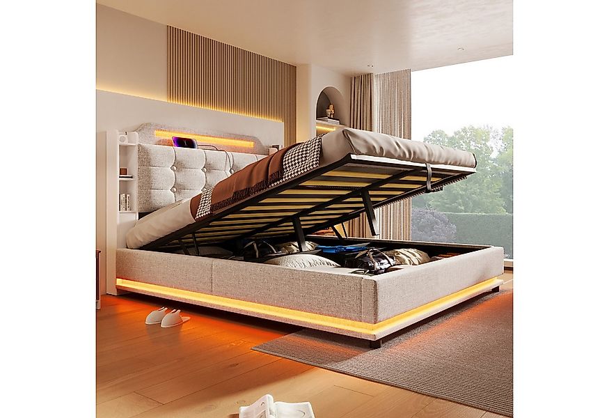 TavilaEcon Boxspringbett aus Leinenstoff und MDF-Umweltplatten, mit LED-Lic günstig online kaufen