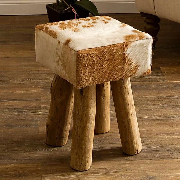 Hocker mit Fell im Landhausstil Vierfußgestell aus Holz günstig online kaufen