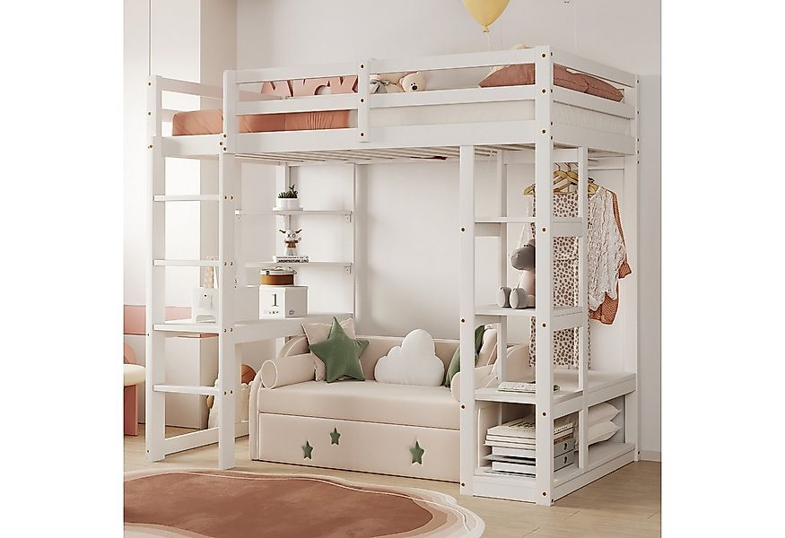 Flieks Hochbett Kinderbett 90x200cm mit Schreibtisch, Kleiderstange und Abl günstig online kaufen