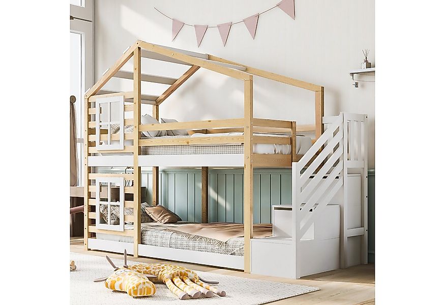 Merax Etagenbett, mit Treppen und Rausfallschutz, Kinderbett Hochbett Kiefe günstig online kaufen