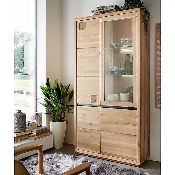 XL Wohnzimmervitrine aus Wildeiche Massivholz Hirnholzeinlagen günstig online kaufen