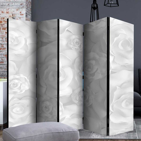 Paravent floral in Hellgrau und Weiß Rosen Motiv günstig online kaufen