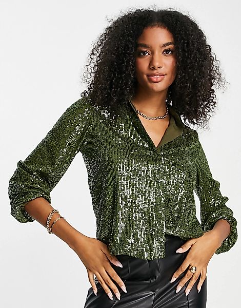 Flounce London – Paillettenhemd in Khaki mit Ballonärmeln, Kombiteil-Grün günstig online kaufen