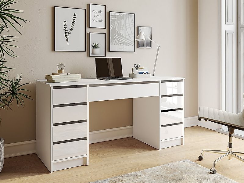 Schreibtisch mit 9 Schubladen – Weiß Glänzend - JENEMI günstig online kaufen