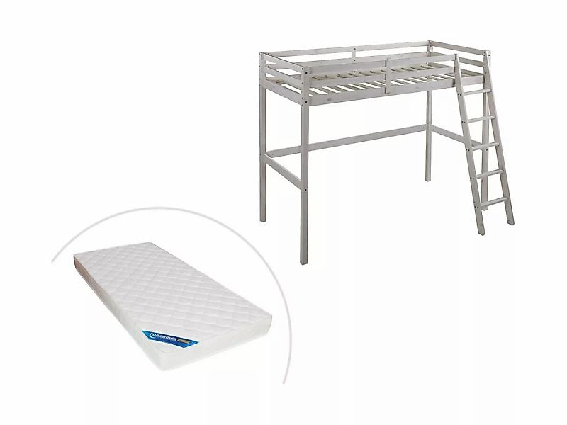 Hochbett + Matratze - 90 x 190 cm - Kiefer massiv - Geweißt - GEDEON II günstig online kaufen