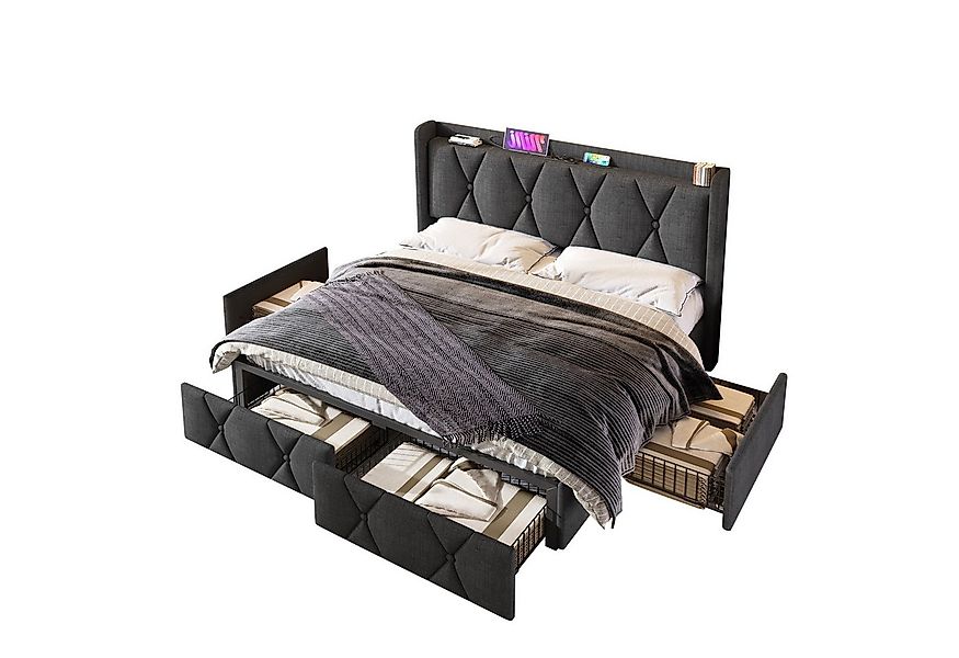 Flieks Polsterbett, Doppelbett mit Steckdose/USB Ladefunktion und 4 Schubla günstig online kaufen