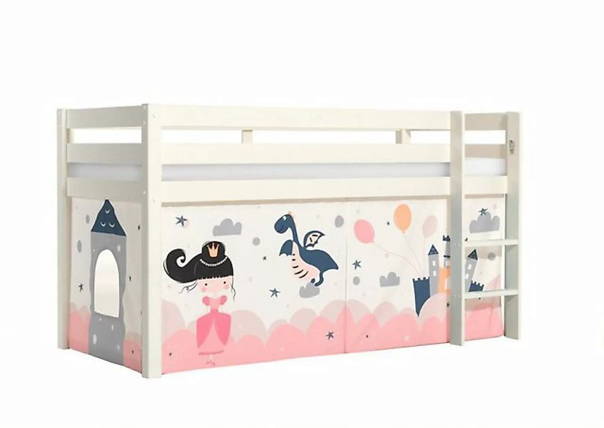Natur24 Kinderbett Halbhohes Bett Pino mit Textilset Pirat Kiefer Weiß lack günstig online kaufen