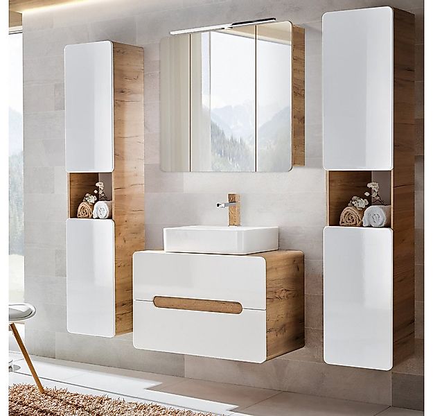 Lomadox Badmöbel-Set LUTON-56, (Spar-Set, 4-St), weiß mit Wotan Eiche Nb. 1 günstig online kaufen