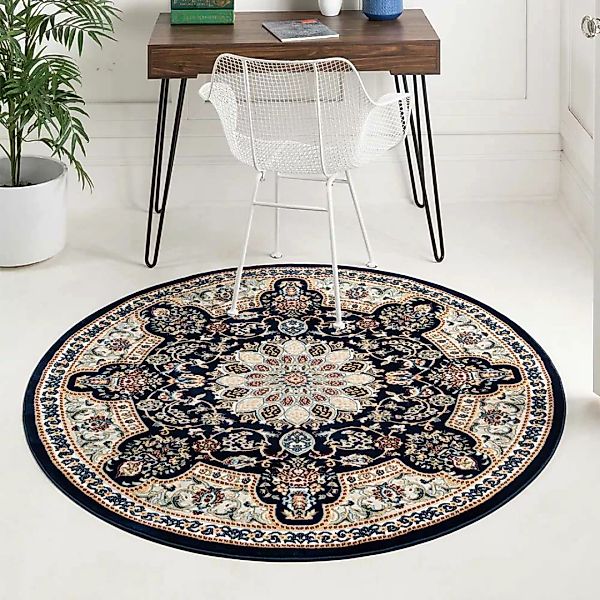 Orient Stil Teppich Dunkelblau und Cremefarben 150 cm Durchmesser günstig online kaufen