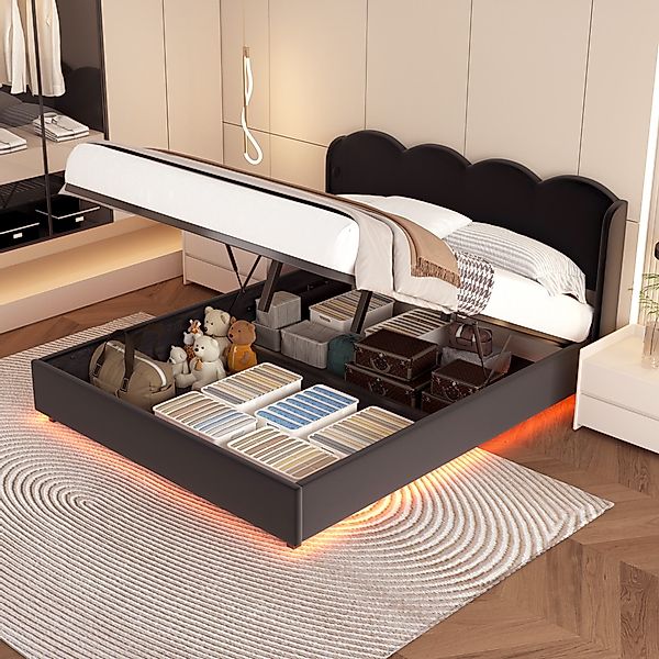 Doppelbett, 160×200 cm mit LED-Licht, hydraulischem Stauraum, mit USB- und günstig online kaufen