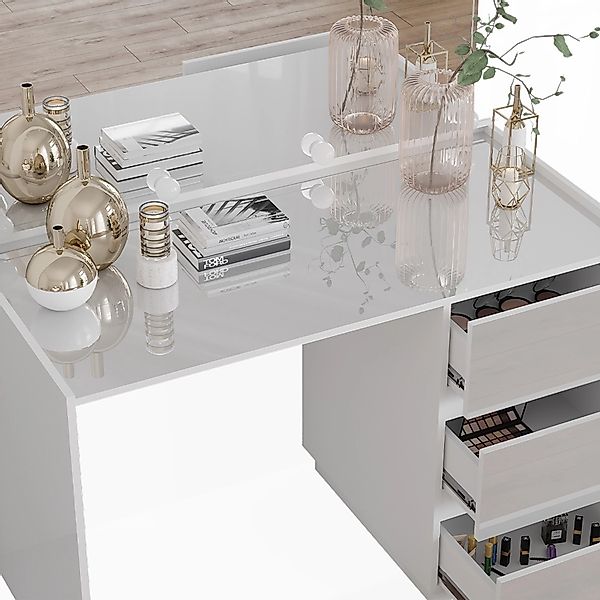 Vicco Schminktisch Marla Weiß Hochglanz 120 cm mit Spiegel LED-Lichterkette günstig online kaufen