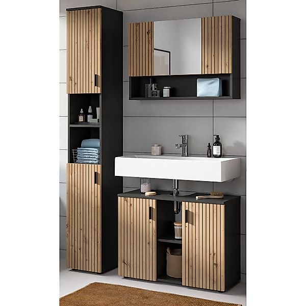 Inn.Furn Badmöbel Set in Eiche und Grau 3-teilig 125 cm Livia günstig online kaufen