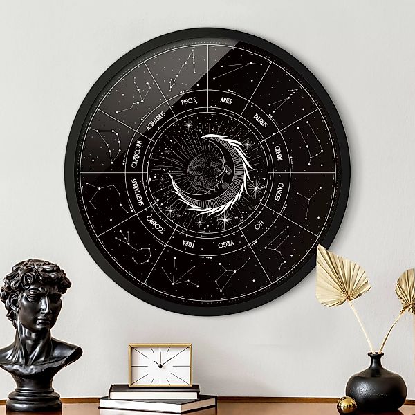 Rundes Gerahmtes Bild Astrologie Mond und Sternzeichen Schwarz günstig online kaufen