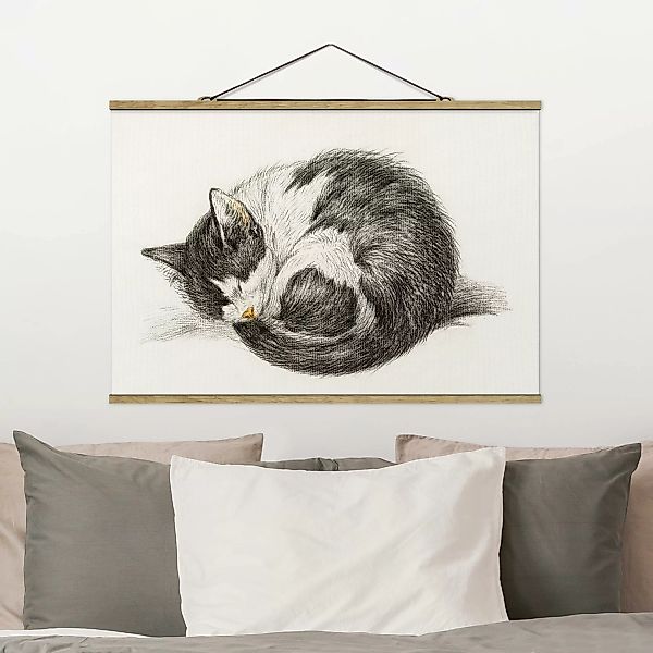 Stoffbild Tiere mit Posterleisten - Querformat Vintage Zeichnung Katze II günstig online kaufen