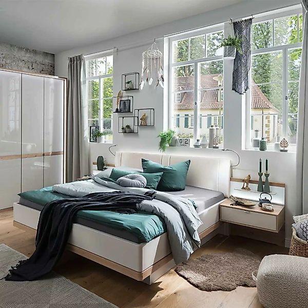 Doppelbett und Nachttische in Beige und Eiche Bianco LED Beleuchtung (dreit günstig online kaufen