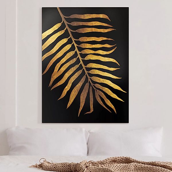 Leinwandbild Blumen - Hochformat Gold - Palmenblatt II auf Schwarz günstig online kaufen