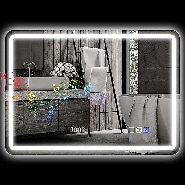 HOMCOM Badezimmerspiegel mit LED-Licht 70x50 cm Wandspiegel mit Bluetooth 3 günstig online kaufen