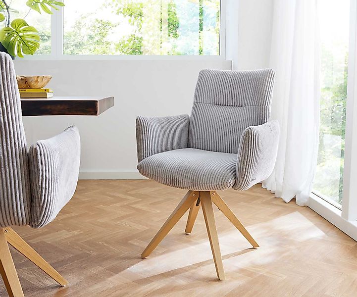Drehstuhl Jova-Flex mit Armlehnen Cord Silbergrau Holzgestell kantig Natur günstig online kaufen