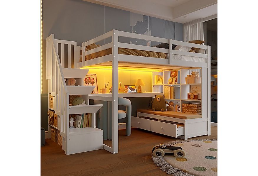 Flieks Hochbett Kinderbett 140x200cm mit LED, Stauraumtreppe, Schreibtisch, günstig online kaufen