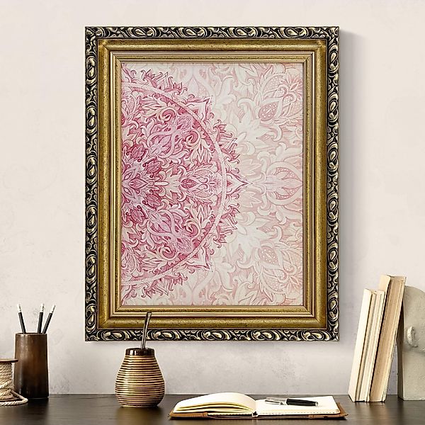 Gerahmtes Leinwandbild Mandala Aquarell Ornament Halbkreis pink beige günstig online kaufen